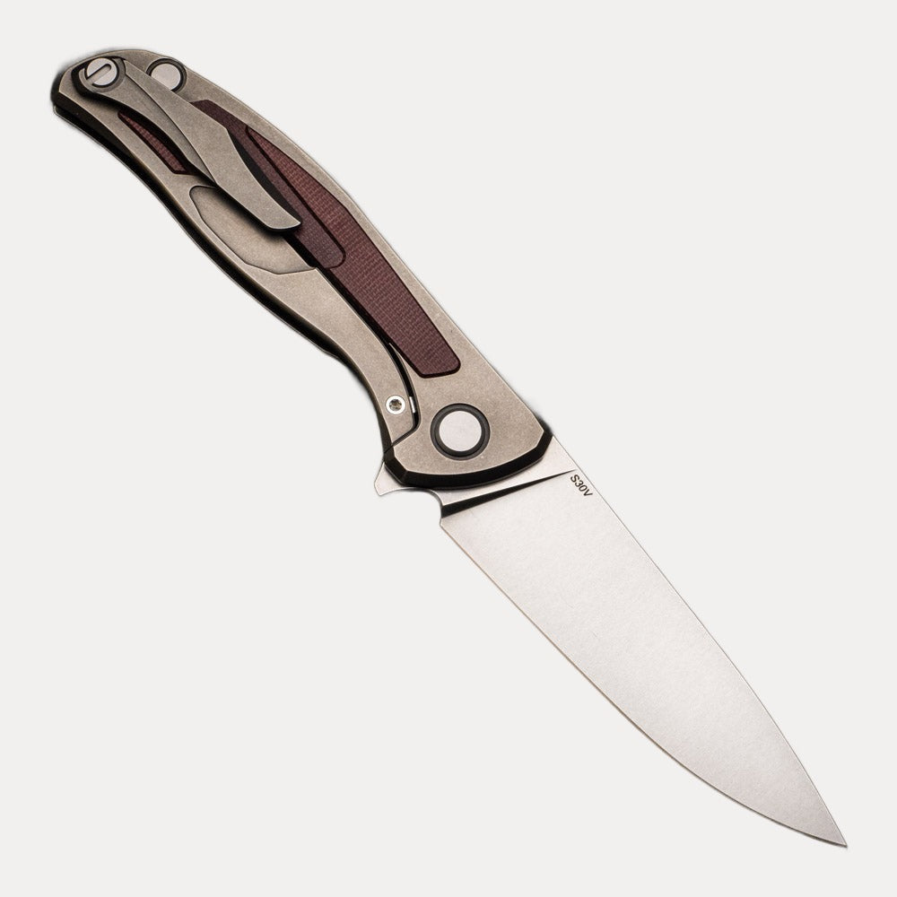 SHIROGOROV F95NL - S30V BLADE - STONEWASHED TITANIUM HANDLE W- MAROON MICARTA INLAY- SRB