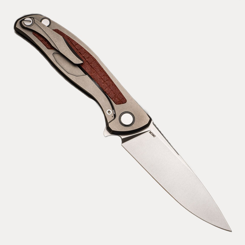 SHIROGOROV F95NL - M390 BLADE - STONEWASHED TITANIUM HANDLE W- FRAG PATTERN RED G10 INLAY- MRBS