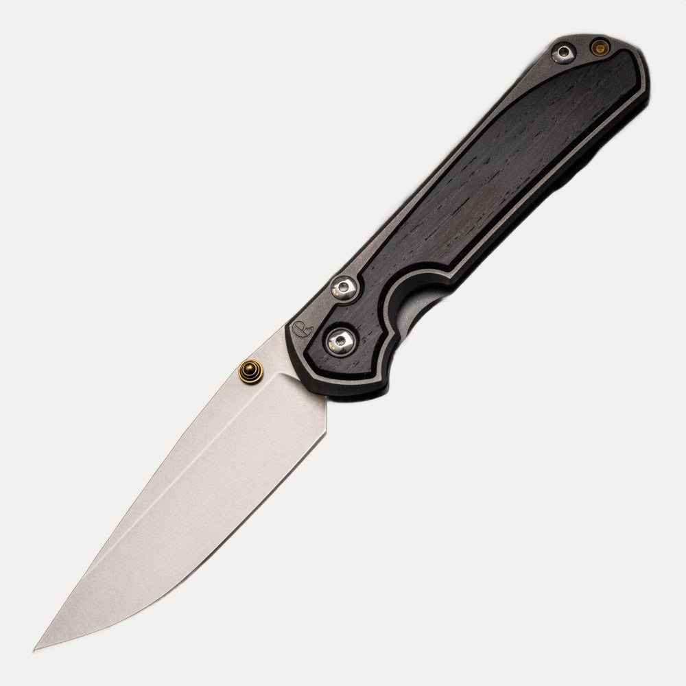 CHRIS REEVE LARGE SEBENZA 31 BOG OAK INLAY - CPM S45VN BLADE - GOLD DOUBLE THUMB LUGS