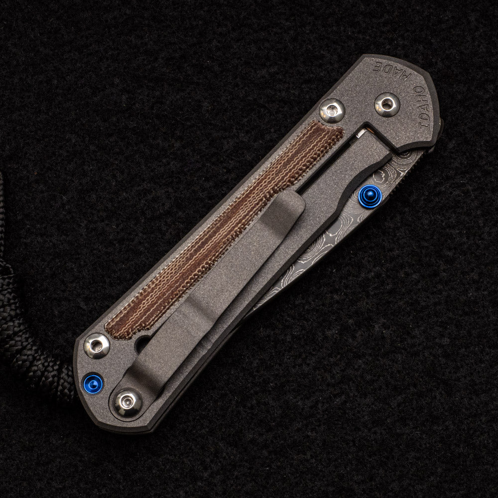 CHRIS REEVE SMALL SEBENZA 31 NATURAL CANVAS MICARTA INLAY - RAINDROP BLADE - BLUE DOUBLE THUMB LUGS