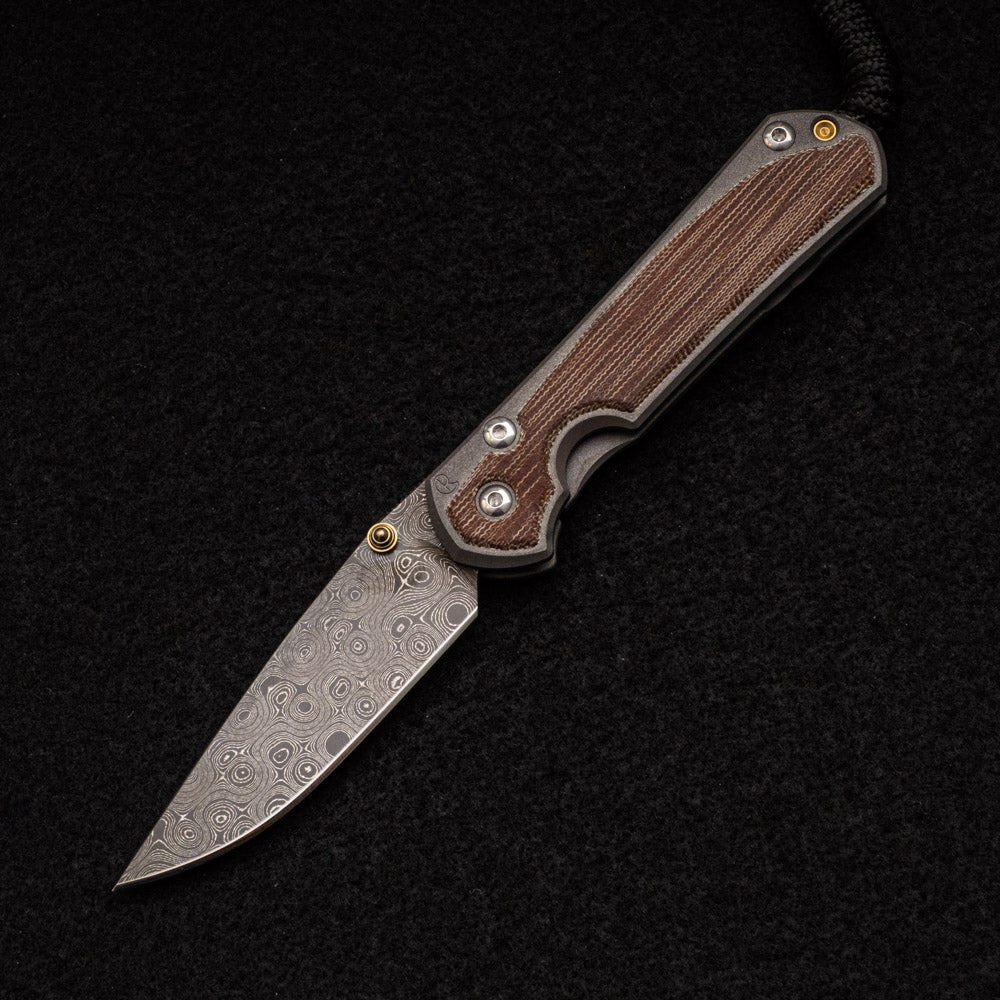 CHRIS REEVE SMALL SEBENZA 31 NATURAL CANVAS MICARTA INLAY - RAINDROP BLADE - GOLD DOUBLE THUMB LUGS