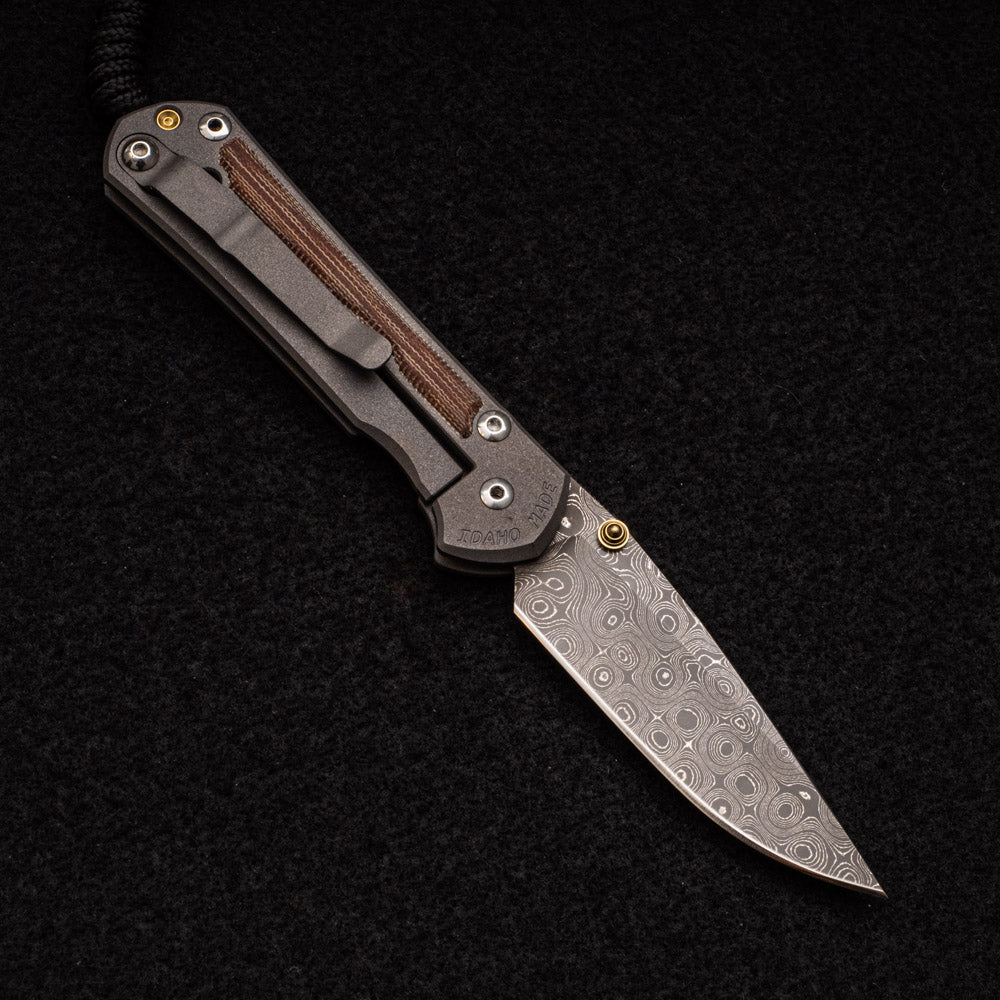 CHRIS REEVE SMALL SEBENZA 31 NATURAL CANVAS MICARTA INLAY - RAINDROP BLADE - GOLD DOUBLE THUMB LUGS