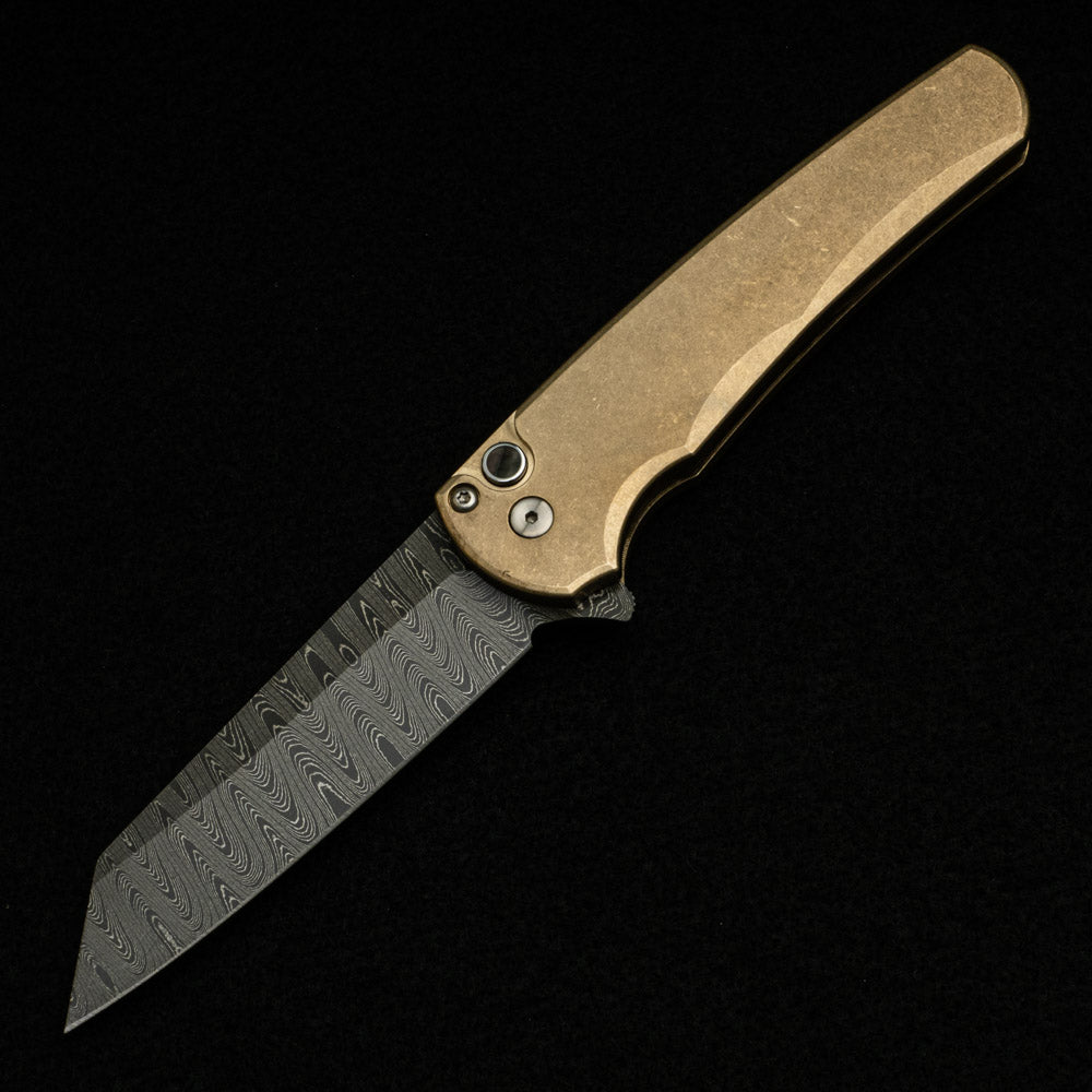 Pro-Tech Knives Malibu Flipper - SW Bronze AL Handle - Chad Nichols Reverse Tanto Blade - Black Mother of Pearl Button