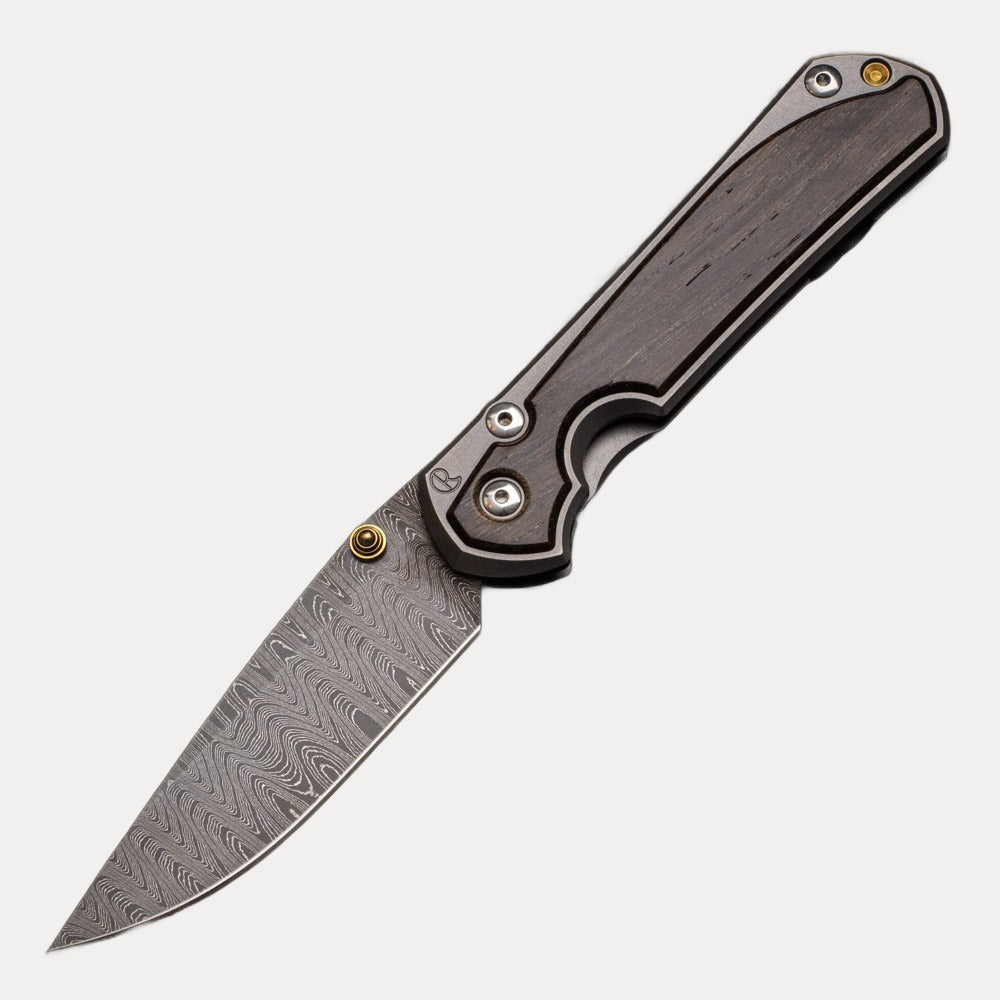 CHRIS REEVE LARGE SEBENZA 31 BOG OAK - LADDER BLADE - GOLD DOUBLE THUMB LUGS