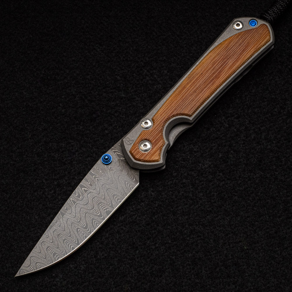 CHRIS REEVE LARGE SEBENZA 31 NATURAL CANVAS MICARTA INLAY - LADDER BLADE - BLUE DOUBLE THUMB LUGS