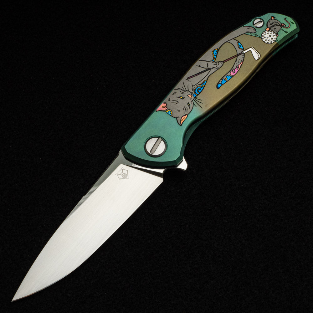 SHIROGOROV KNIVES - MAD RUSSIAN CUSTOM ART EDITION "GOLFER" F95 FLIPPER - M390 BLADE - TITANIUM HANDLE - MRBS