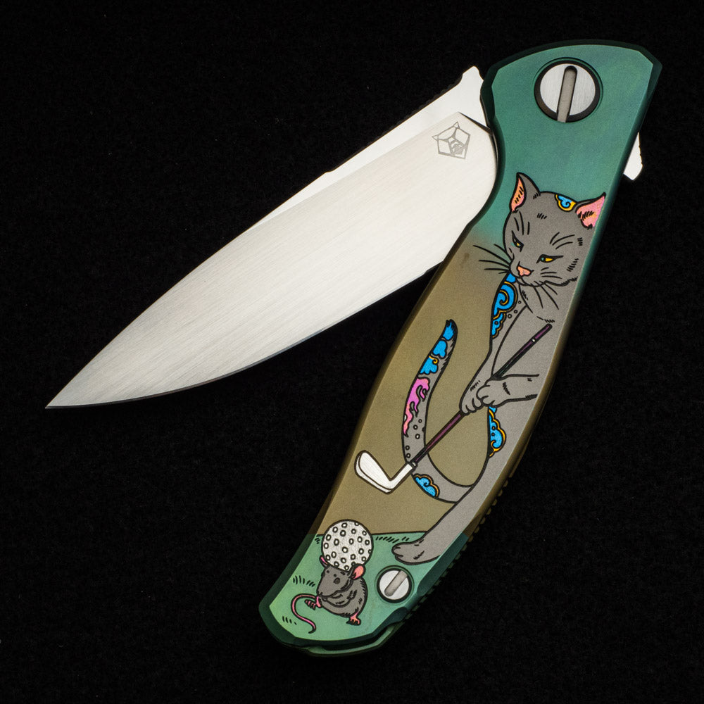 SHIROGOROV KNIVES - MAD RUSSIAN CUSTOM ART EDITION "GOLFER" F95 FLIPPER - M390 BLADE - TITANIUM HANDLE - MRBS