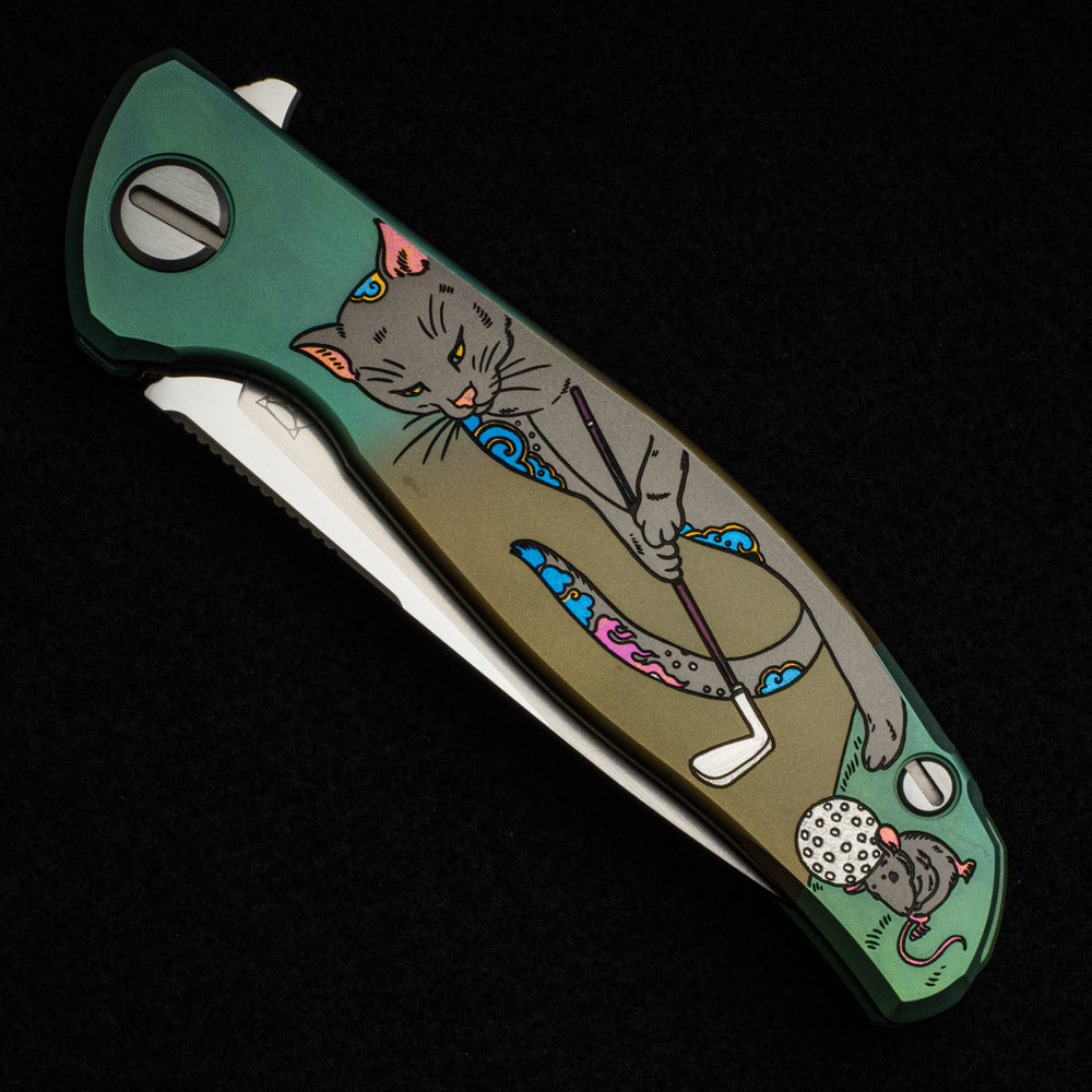 SHIROGOROV KNIVES - MAD RUSSIAN CUSTOM ART EDITION "GOLFER" F95 FLIPPER - M390 BLADE - TITANIUM HANDLE - MRBS