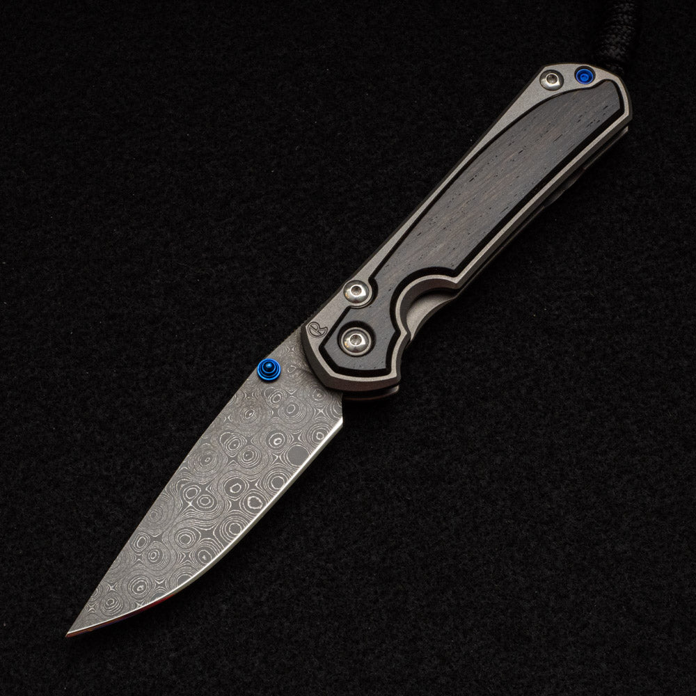 CHRIS REEVE SMALL SEBENZA 31 BOG OAK INLAY - RAINDROP BLADE - BLUE DOUBLE THUMB LUGS