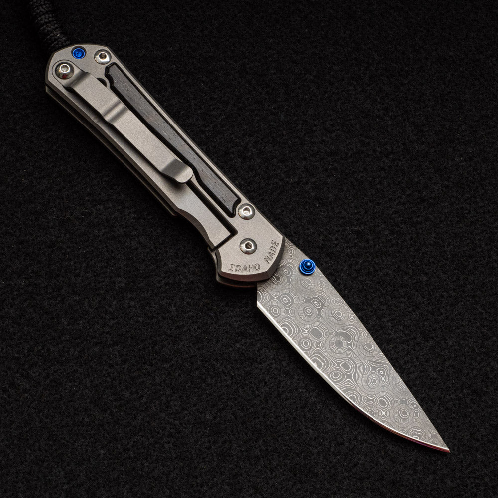 CHRIS REEVE SMALL SEBENZA 31 BOG OAK INLAY - RAINDROP BLADE - BLUE DOUBLE THUMB LUGS