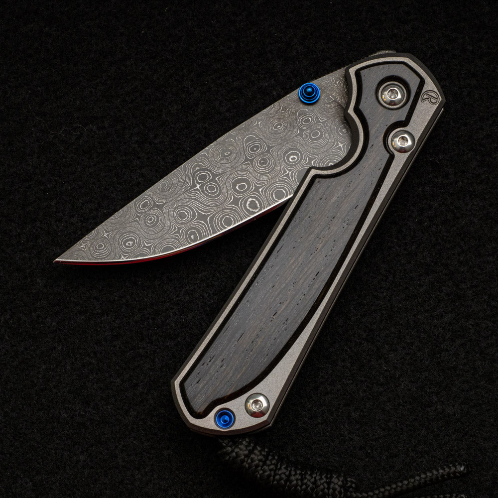 CHRIS REEVE SMALL SEBENZA 31 BOG OAK INLAY - RAINDROP BLADE - BLUE DOUBLE THUMB LUGS