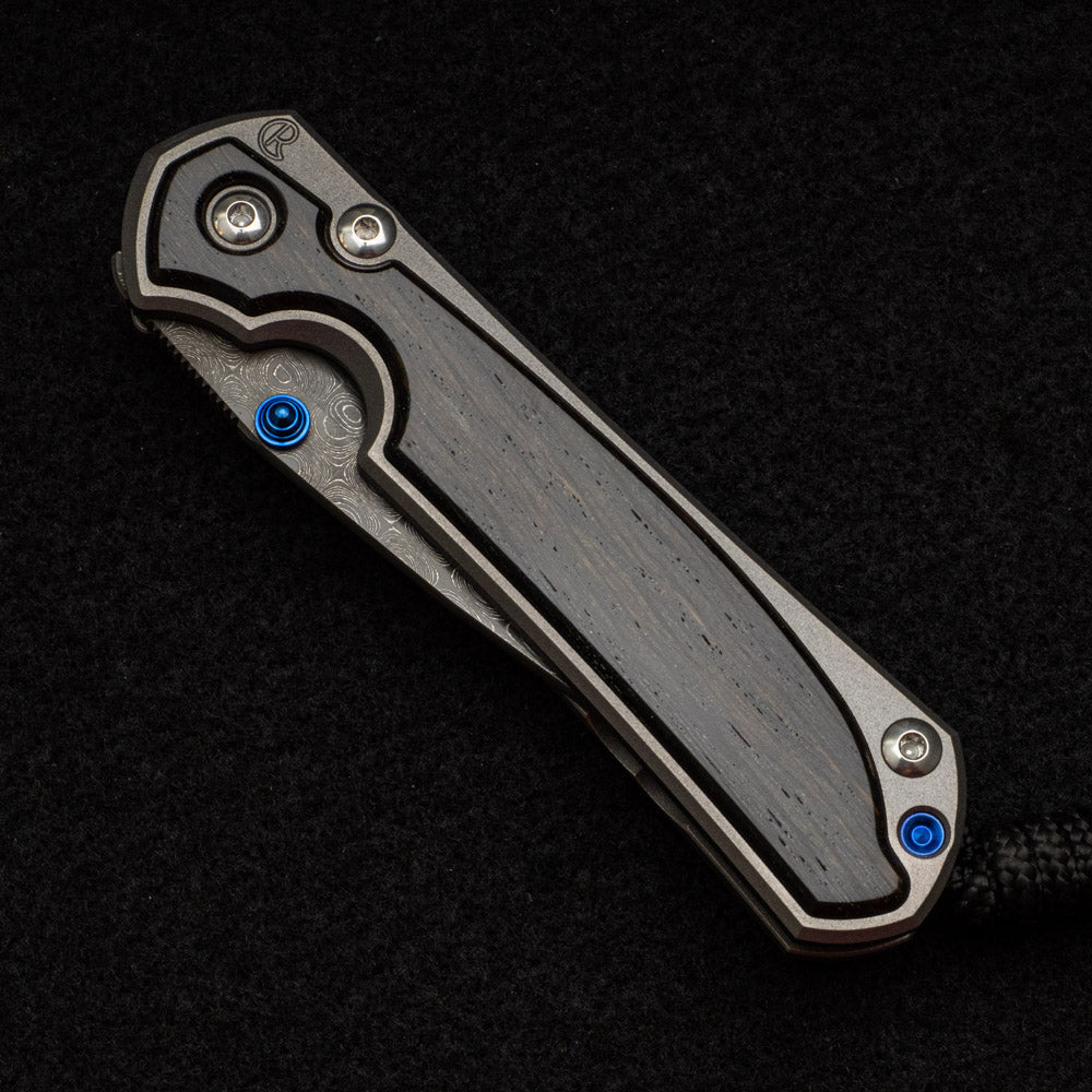 CHRIS REEVE SMALL SEBENZA 31 BOG OAK INLAY - RAINDROP BLADE - BLUE DOUBLE THUMB LUGS