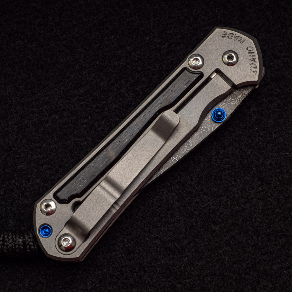 CHRIS REEVE SMALL SEBENZA 31 BOG OAK INLAY - RAINDROP BLADE - BLUE DOUBLE THUMB LUGS