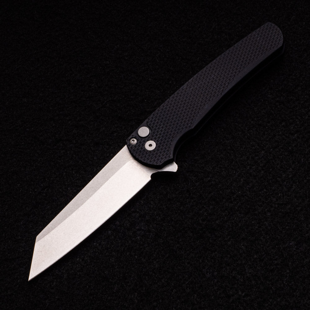 Pro-Tech Knives Malibu Flipper – Textured Black Aluminum Scales- 20CV Stonewashed Reverse Tanto Blade