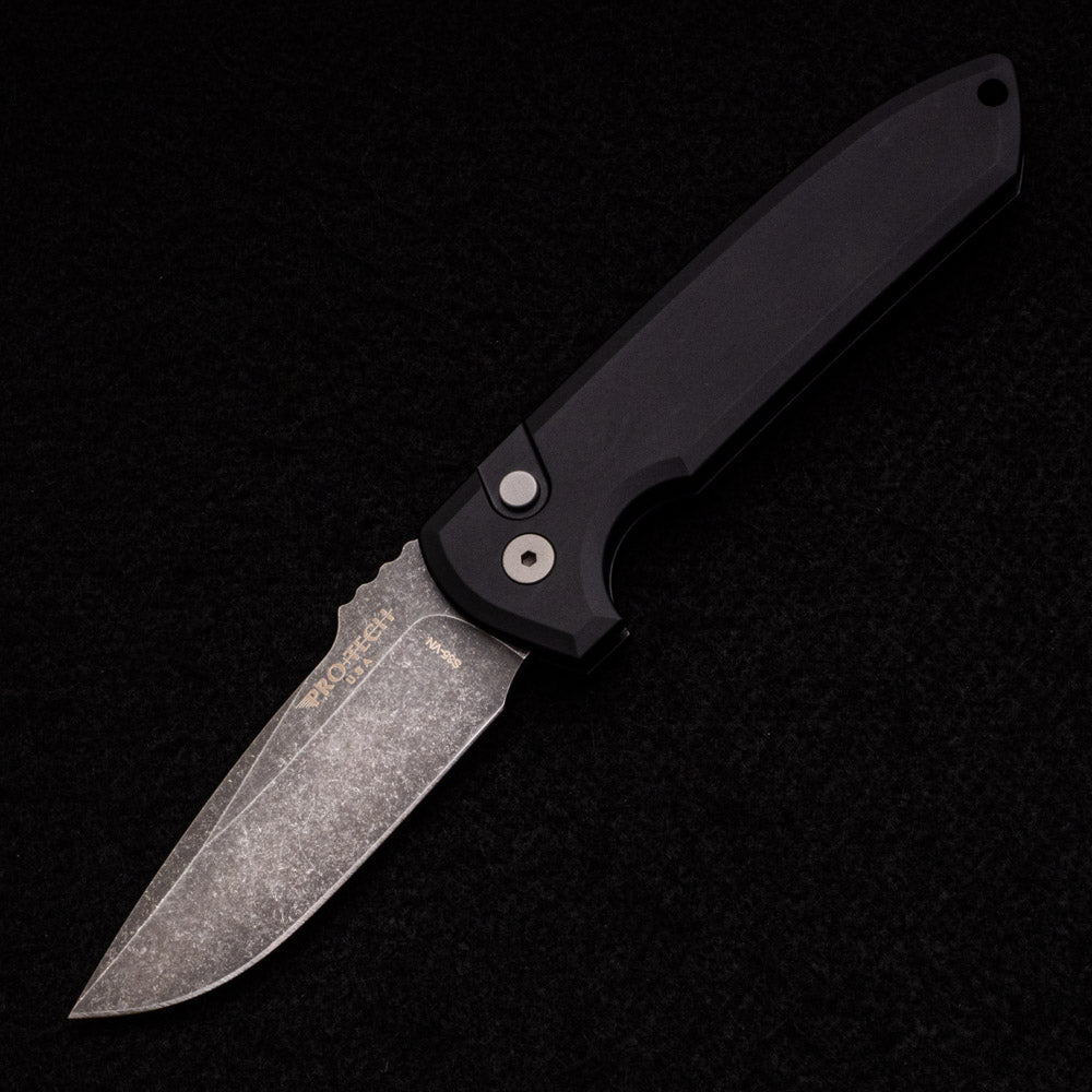 Pro-Tech Knives Rockeye Auto – Solid Black Handle – Acid Wash CPM-S35VN Blade Plain Edge – LG311