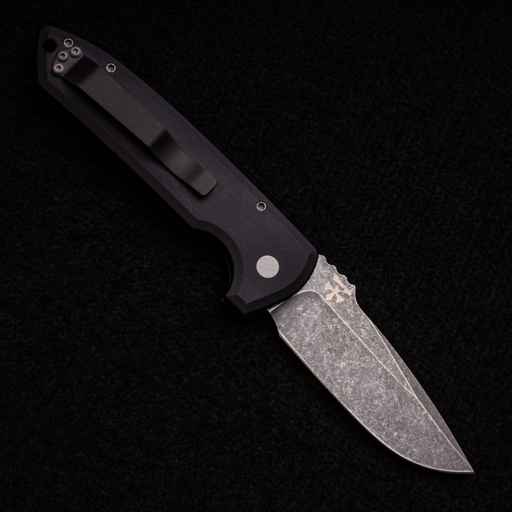 Pro-Tech Knives Rockeye Auto – Solid Black Handle – Acid Wash CPM-S35VN Blade Plain Edge – LG311