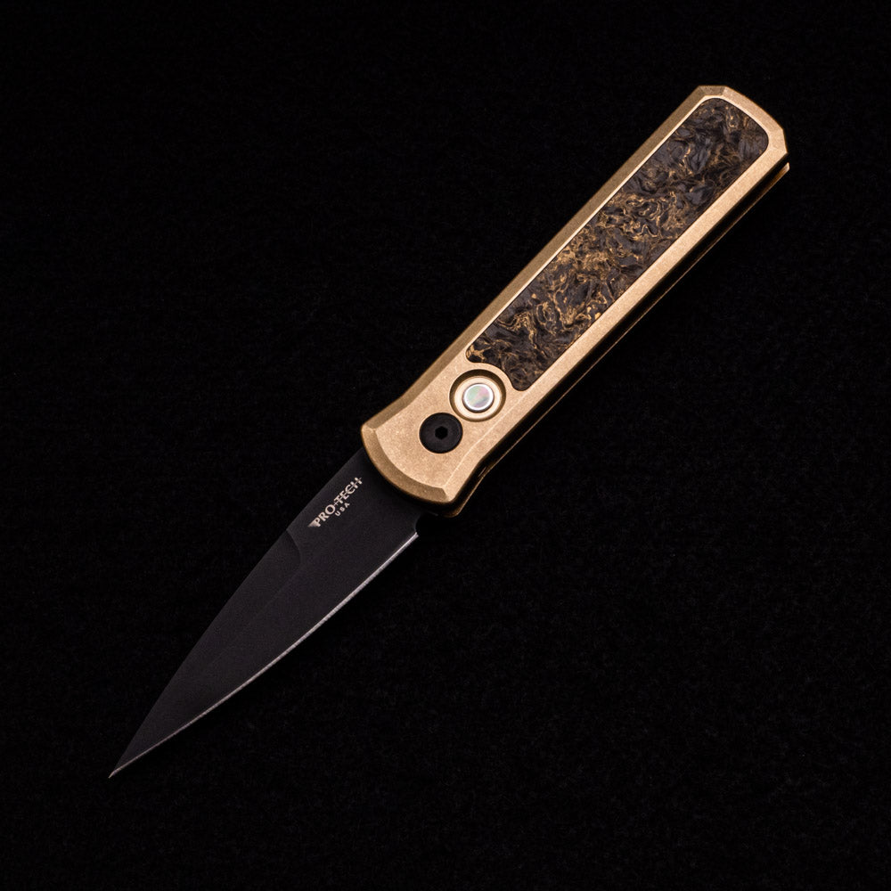 Pro-Tech Knives Godson – Bronze Custom – Stonewash AL Bronze Handle W- Fat Carbon “Dark Matter Gold” Inlay – DLC Black Blade – Black Pearl Button