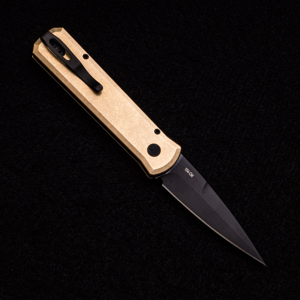 Pro-Tech Knives Godson – Bronze Custom – Stonewash AL Bronze Handle W- Fat Carbon “Dark Matter Gold” Inlay – DLC Black Blade – Black Pearl Button