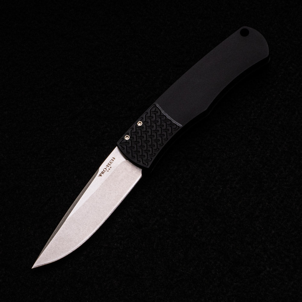 Pro-Tech Knives “Whiskers” Design – Black Handle – Patterned Bolster – Stonewash Blade BR-1.3