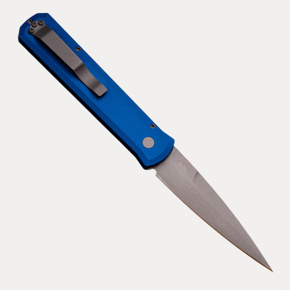 Pro-Tech Knives GODFATHER – Solid Blue Handle – Blasted Blade Plain Edge 920-BLUE