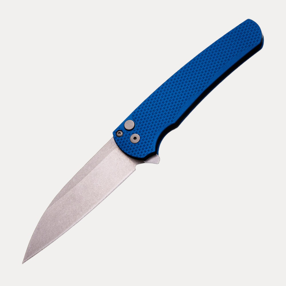 Pro-Tech Knives Malibu Flipper – Textured Blue Aluminum Handle – Stonewash Finished Magnacut Wharncliffe Blade 5305-BLUE