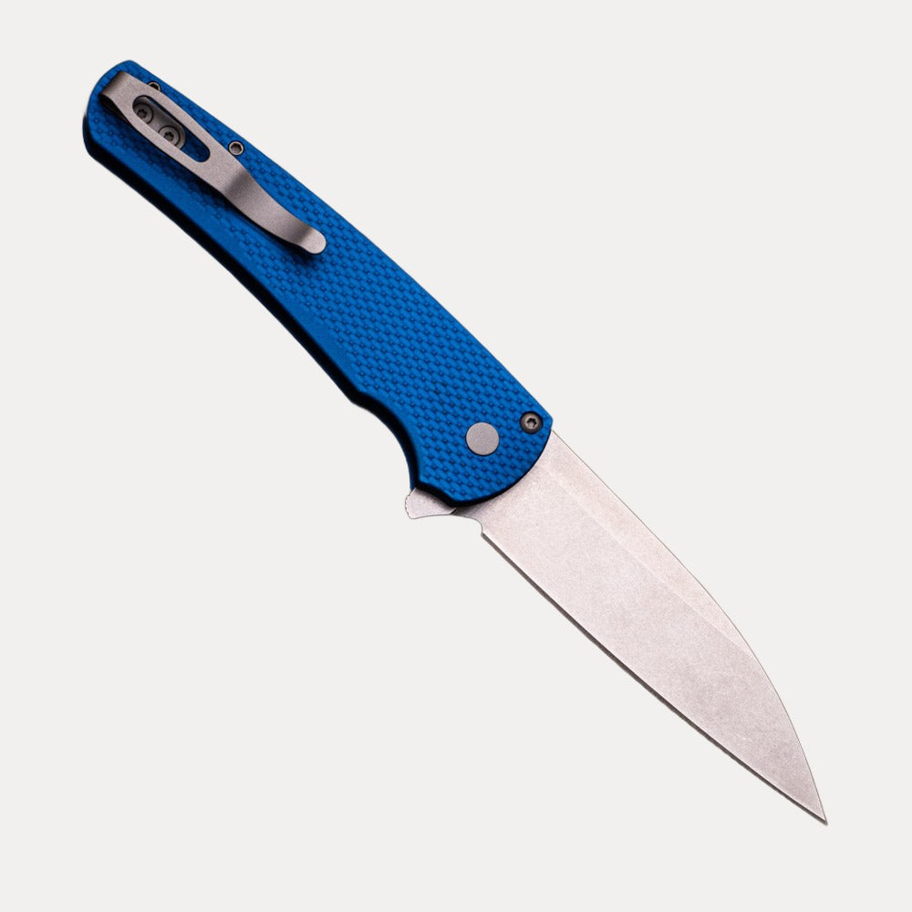 Pro-Tech Knives Malibu Flipper – Textured Blue Aluminum Handle – Stonewash Finished Magnacut Wharncliffe Blade 5305-BLUE