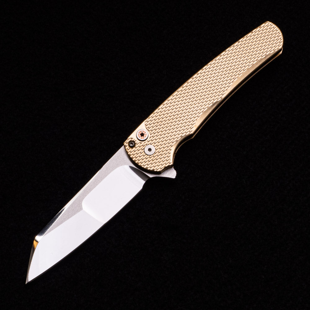 Pro-Tech Knives Malibu Flipper 2023.002 Bronze Custom Textured Aluminum-Bronze Handle Mosaic Pin Button Mike Irie Hand Ground Mirror Polished Reverse Tanto Blade