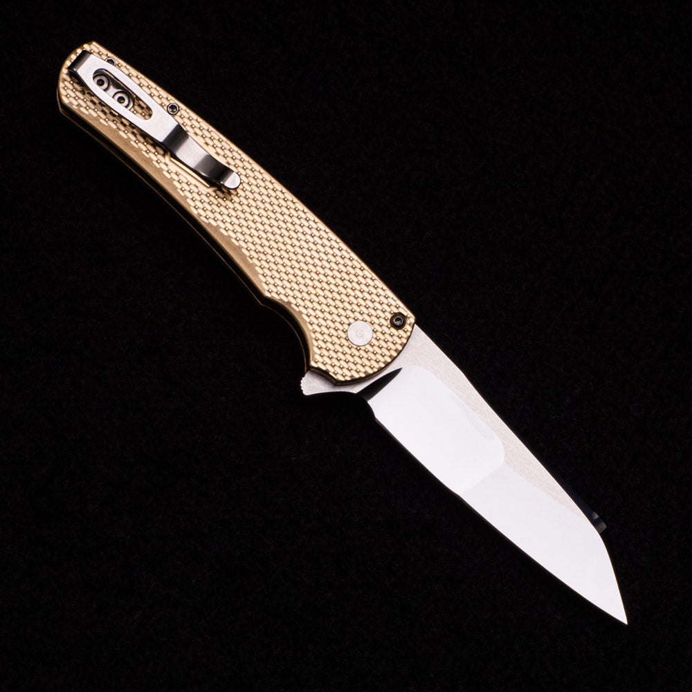 Pro-Tech Knives Malibu Flipper 2023.002 Bronze Custom Textured Aluminum-Bronze Handle Mosaic Pin Button Mike Irie Hand Ground Mirror Polished Reverse Tanto Blade