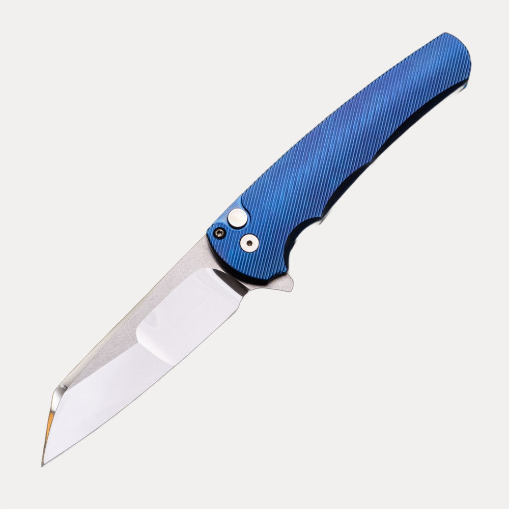 Pro-Tech Knives Malibu Flipper 2023.003 Ti Custom Blue Anodized Titanium Handle Gold Lip Pearl Button Mike Irie Hand Ground Mirror Polished Reverse Tanto Blade