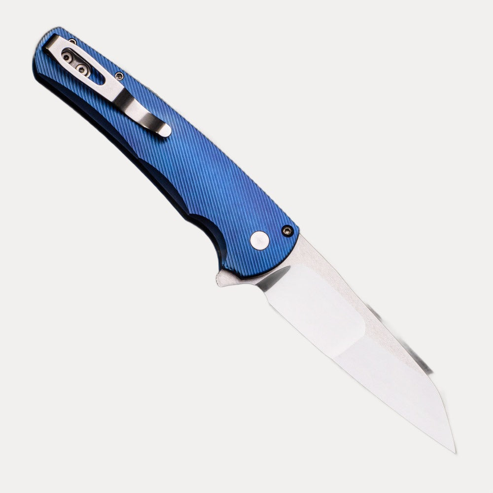 Pro-Tech Knives Malibu Flipper 2023.003 Ti Custom Blue Anodized Titanium Handle Gold Lip Pearl Button Mike Irie Hand Ground Mirror Polished Reverse Tanto Blade