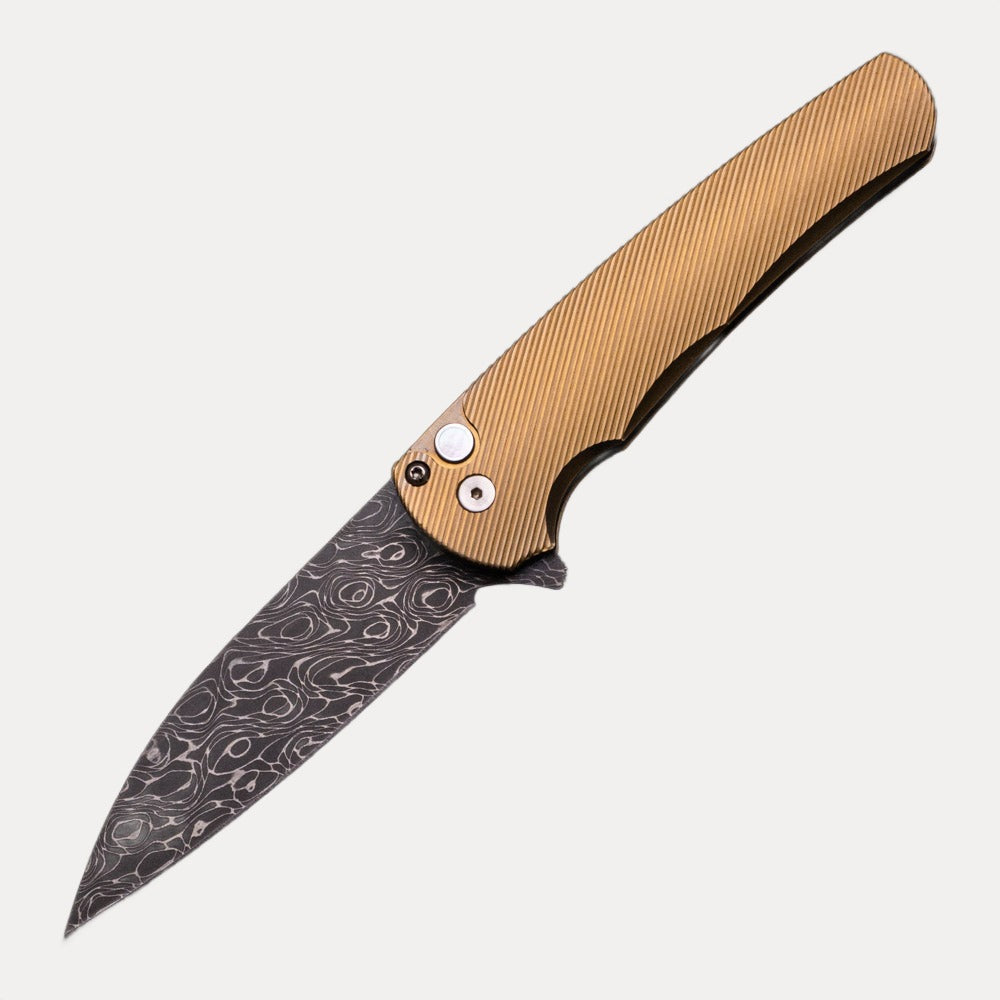 Pro-Tech Knives Malibu Flipper 2023.004 Ti Custom Bronze Anodized Titanium Handle Pearl Button Vegas Forge Wharncliffe Blade