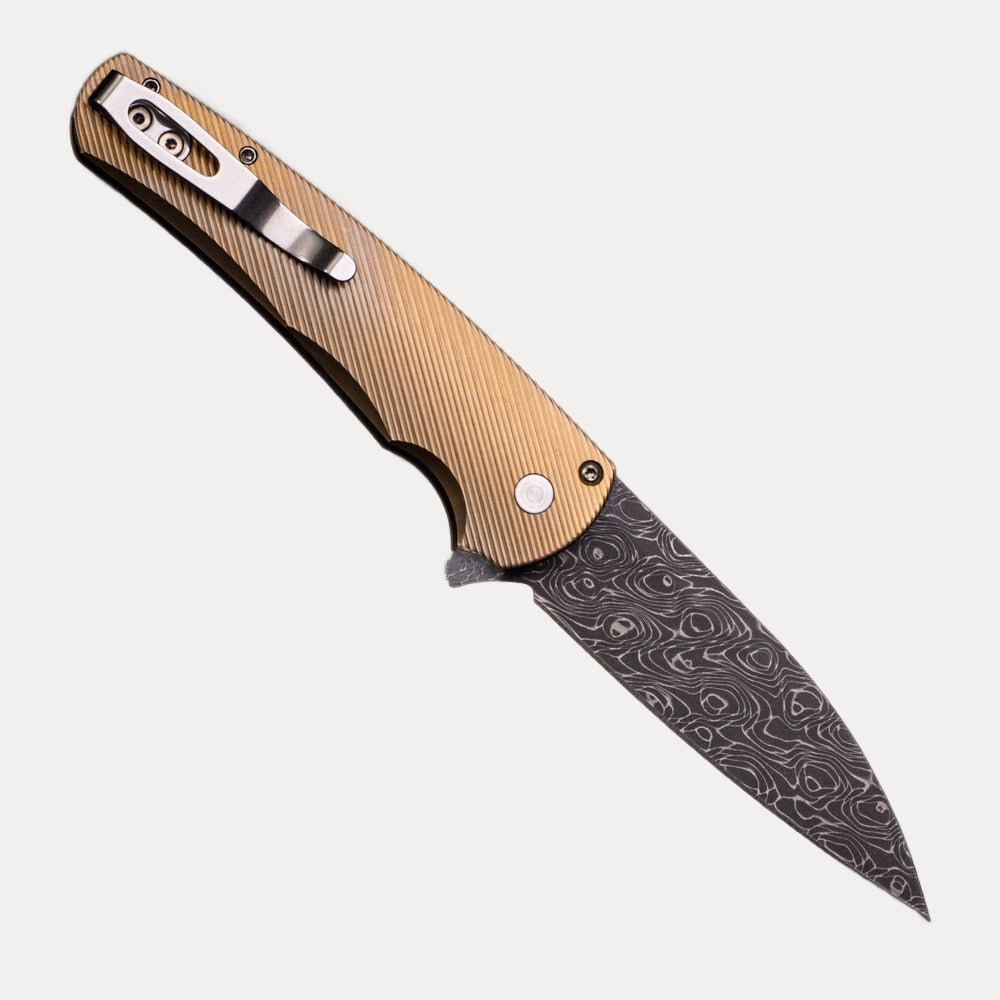 Pro-Tech Knives Malibu Flipper 2023.004 Ti Custom Bronze Anodized Titanium Handle Pearl Button Vegas Forge Wharncliffe Blade