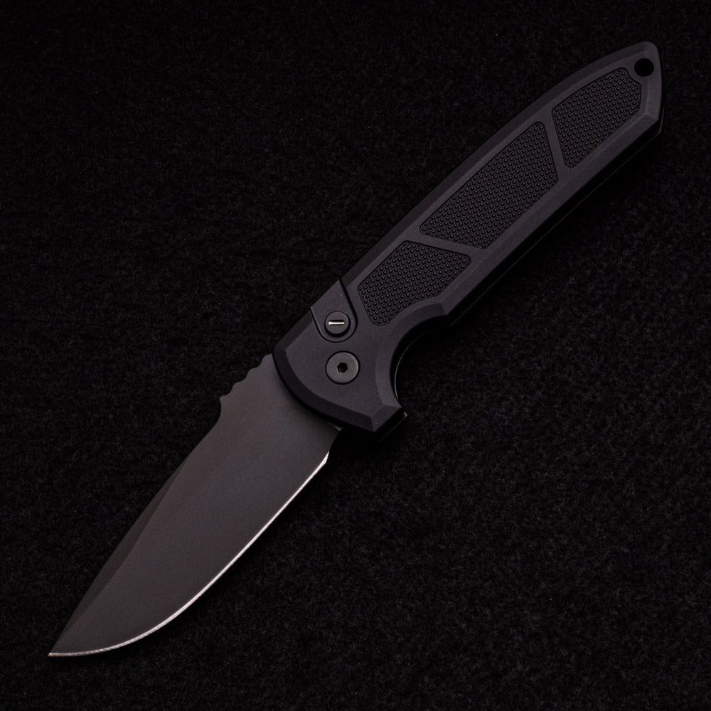 Pro-Tech Knives Rockeye Auto – Textured Black Handle – Tritium Button – Sterile DLC Black CPM-D2 Blade LG307-D2 Operator