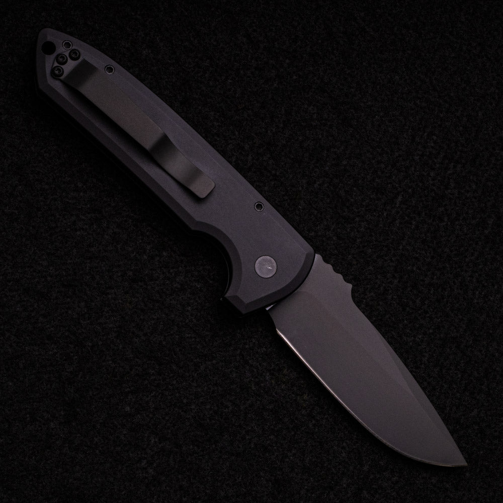 Pro-Tech Knives Rockeye Auto – Textured Black Handle – Tritium Button – Sterile DLC Black CPM-D2 Blade LG307-D2 Operator