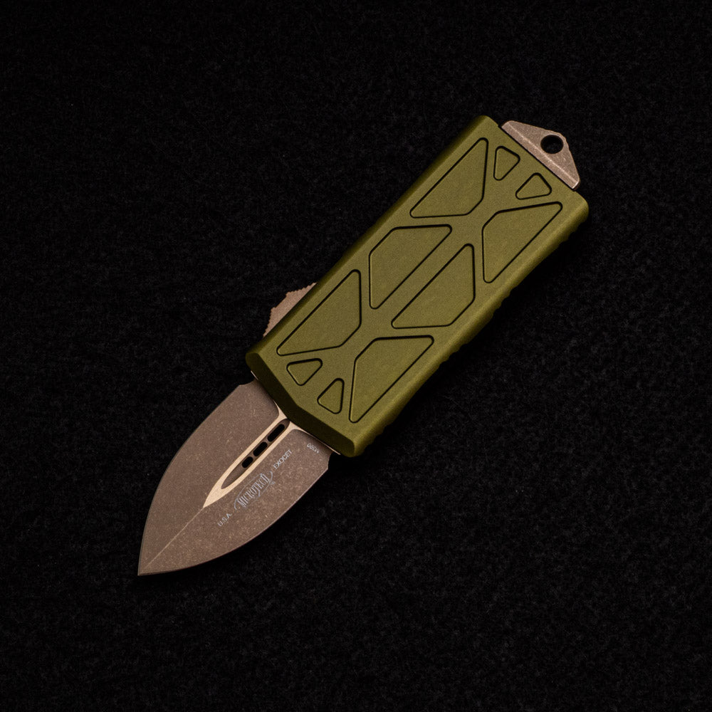 MICROTECH EXOCET - CA-LEGAL OTF KNIFE - MONEYCLIP D-E OD GREEN BRONZED APOCALYPTIC STANDARD 157-13 APOD