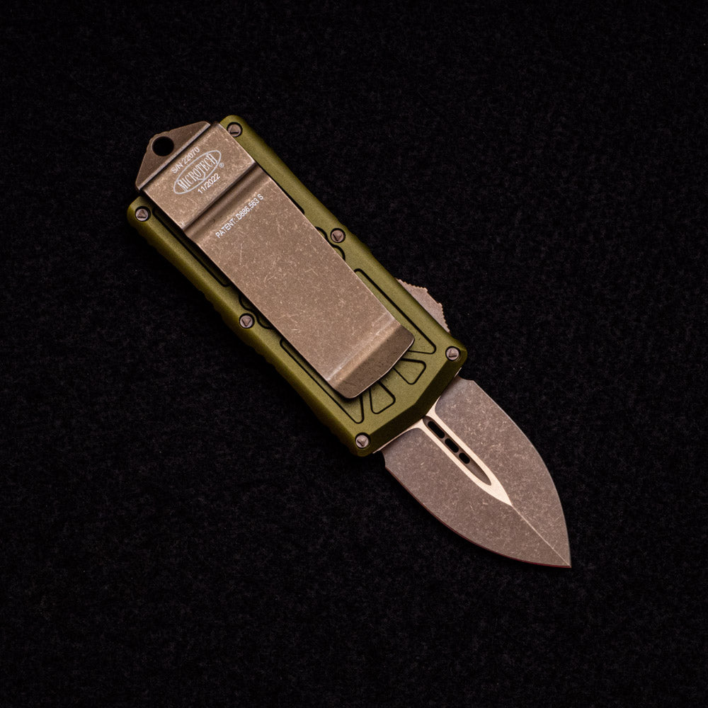 MICROTECH EXOCET - CA-LEGAL OTF KNIFE - MONEYCLIP D-E OD GREEN BRONZED APOCALYPTIC STANDARD 157-13 APOD