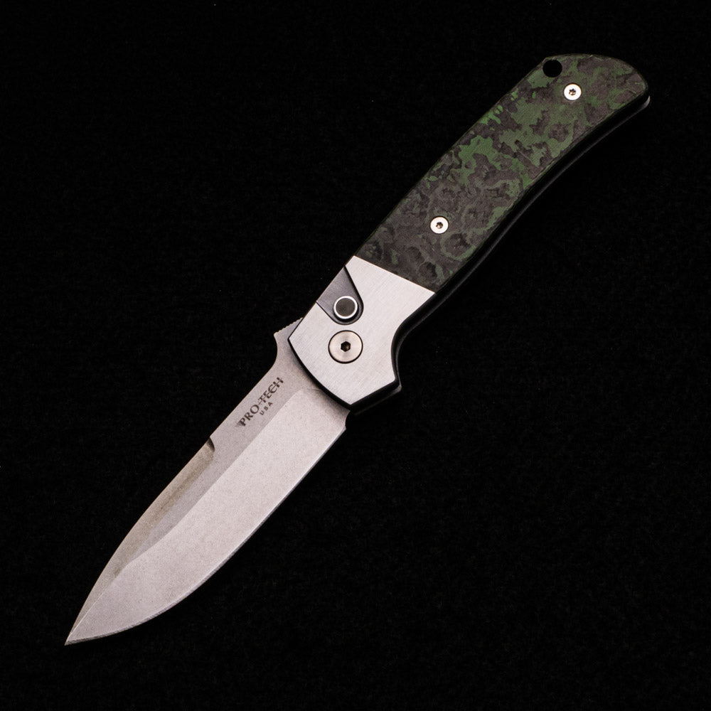 Pro-Tech Knives Terzuola ATCF Auto – Steel Custom – Fat Carbon “Jungle Wear” Inlays – MOP Button – Stonewash MagnaCut Blade 2023 ATCF.006