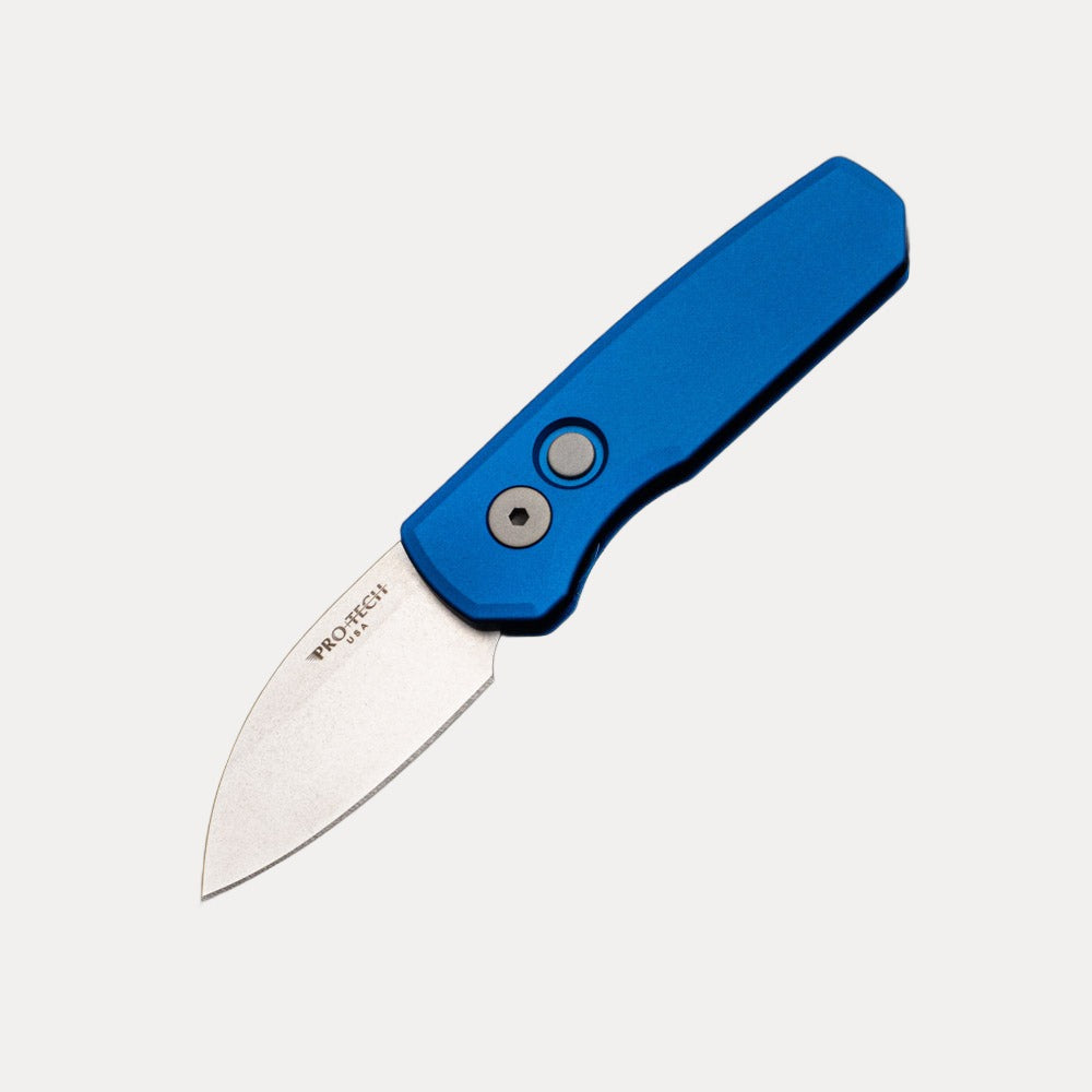 Pro-Tech Knives Runt 5 - Blue Aluminum Handle – Stonewash 20-CV Wharncliffe blade