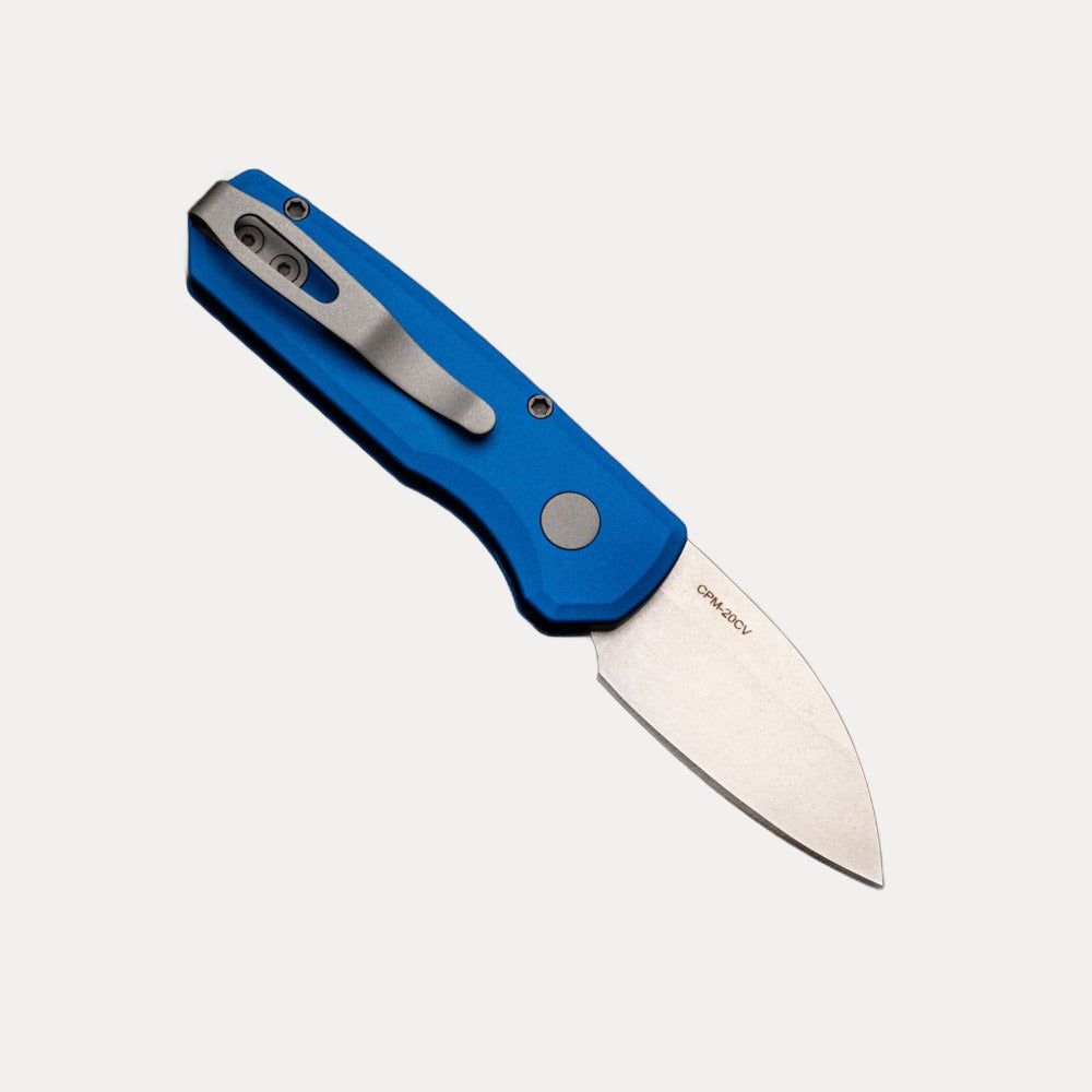 Pro-Tech Knives Runt 5 - Blue Aluminum Handle – Stonewash 20-CV Wharncliffe blade