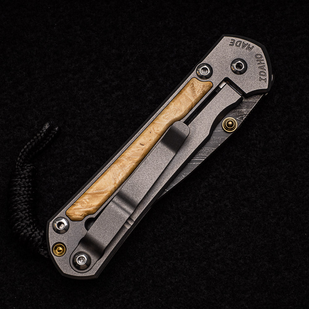 CHRIS REEVE SMALL SEBENZA 31 BOX ELDER INLAY - BOOMERANG BLADE - GOLD DOUBLE THUMB LUGS