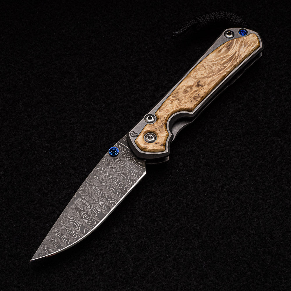 CHRIS REEVE SMALL SEBENZA 31 BOX ELDER INLAY - LADDER BLADE - BLUE DOUBLE THUMB LUGS