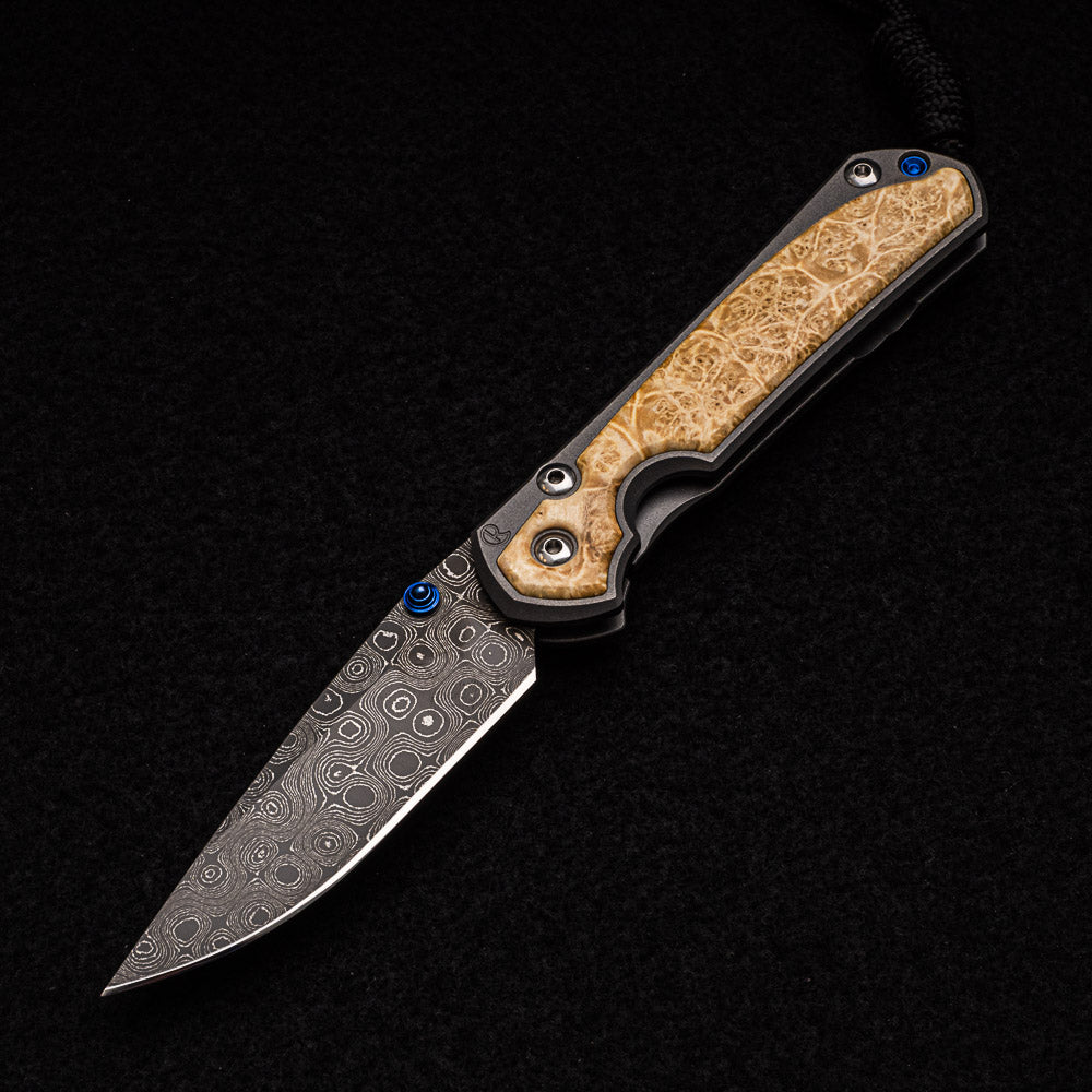 CHRIS REEVE SMALL SEBENZA 31 BOX ELDER - RAINDROP BLADE - BLUE DOUBLE THUMB LUGS