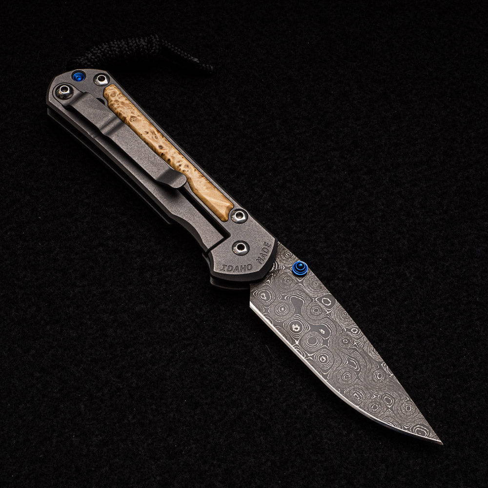 CHRIS REEVE SMALL SEBENZA 31 BOX ELDER - RAINDROP BLADE - BLUE DOUBLE THUMB LUGS