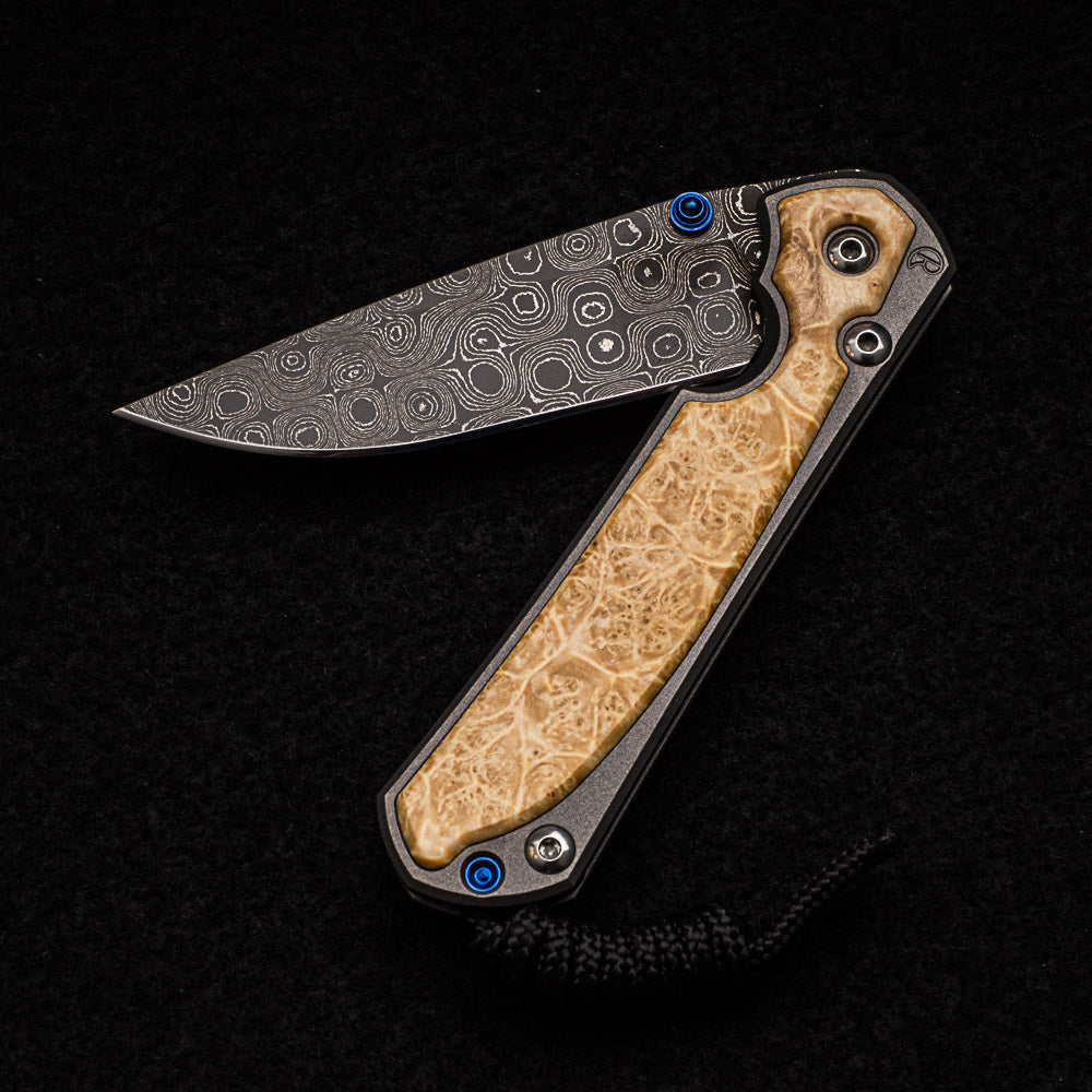 CHRIS REEVE SMALL SEBENZA 31 BOX ELDER - RAINDROP BLADE - BLUE DOUBLE THUMB LUGS