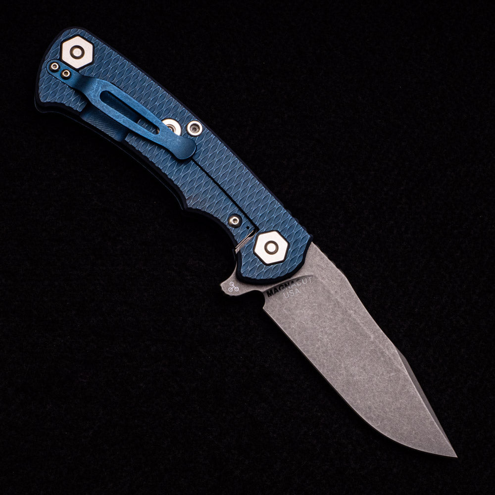 Hinderer Knives Project X – MagnaCut Clip Point – Tri-Way – Battle Blue – Black G10