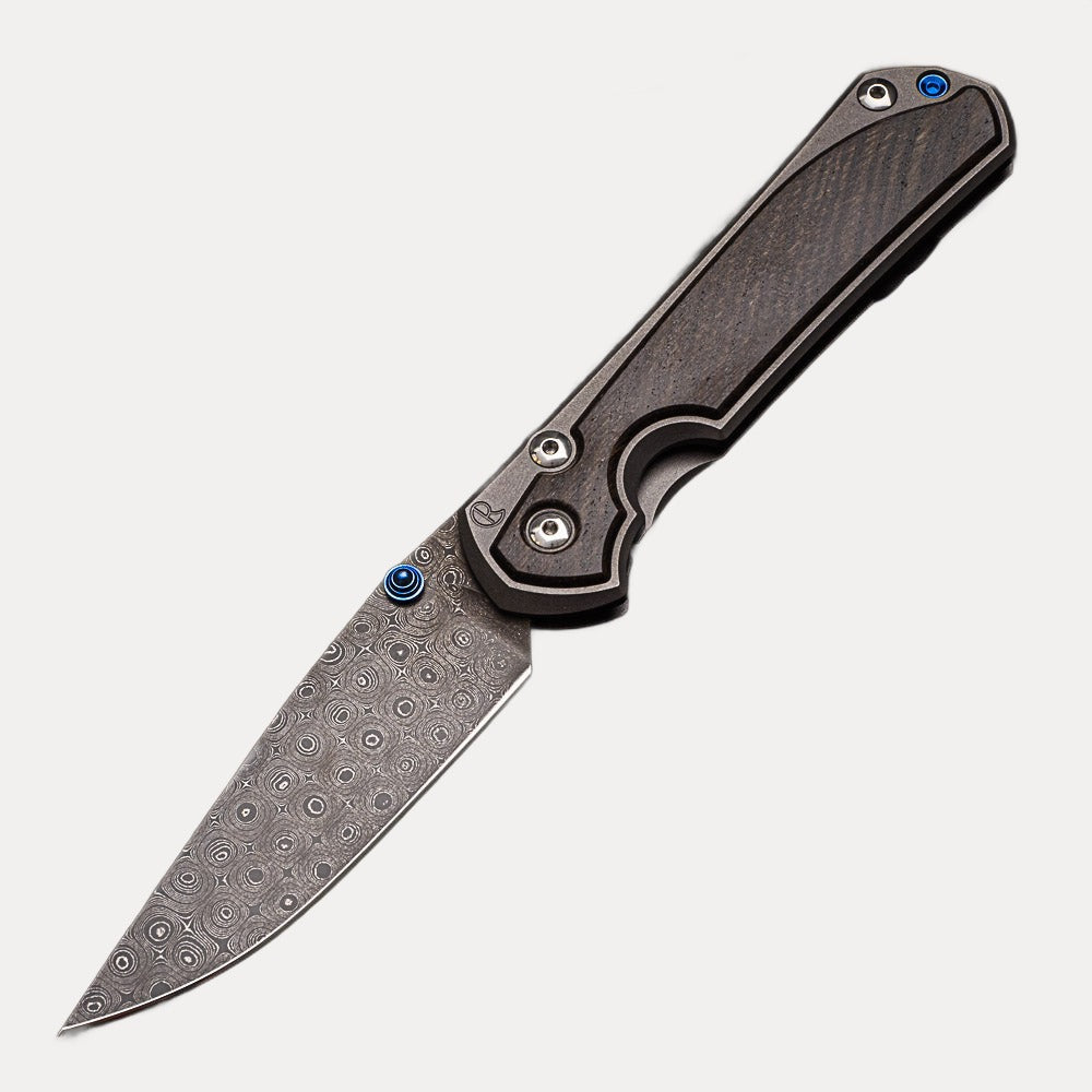 CHRIS REEVE LARGE SEBENZA 31 BOG OAK - RAINDROP BLADE - BLUE DOUBLE THUMB LUGS