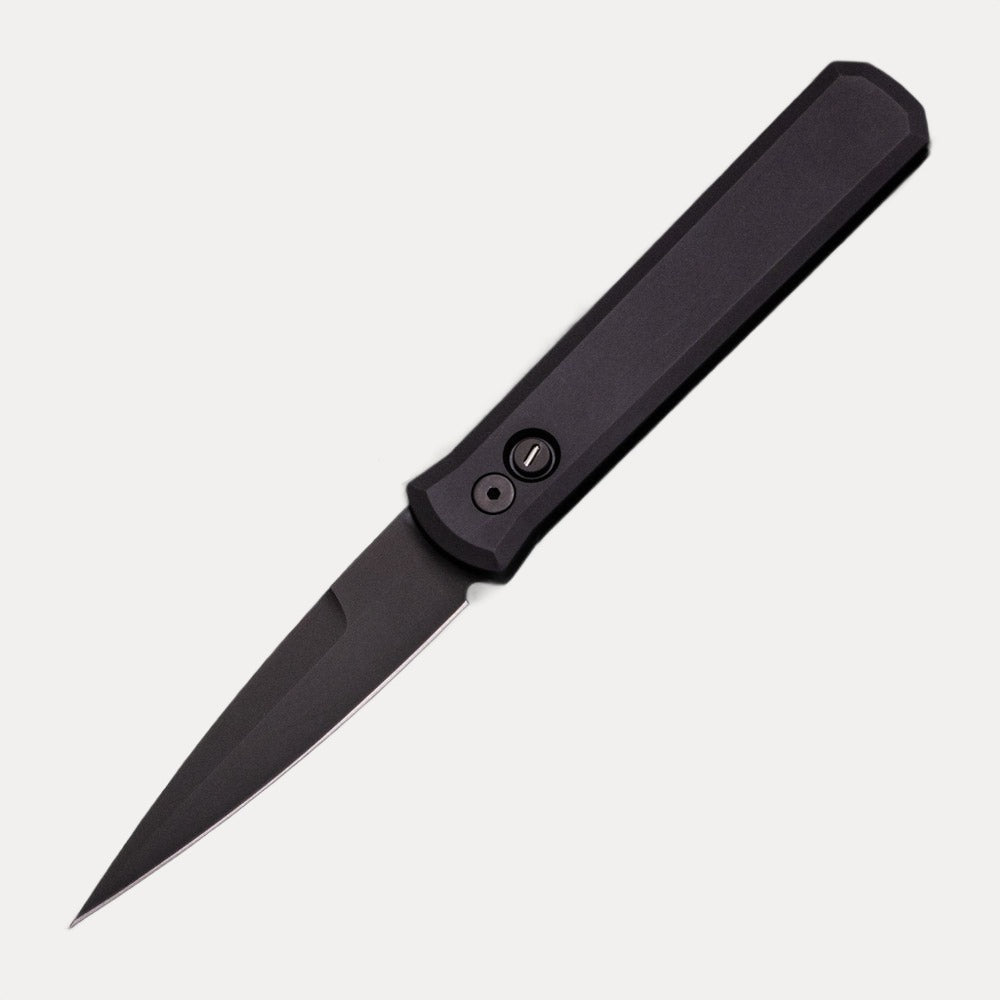 Pro-Tech Knives GODFATHER – Solid Black Handle – Sterile DLC Black Blade Tritium Push Button 921-OPERATOR