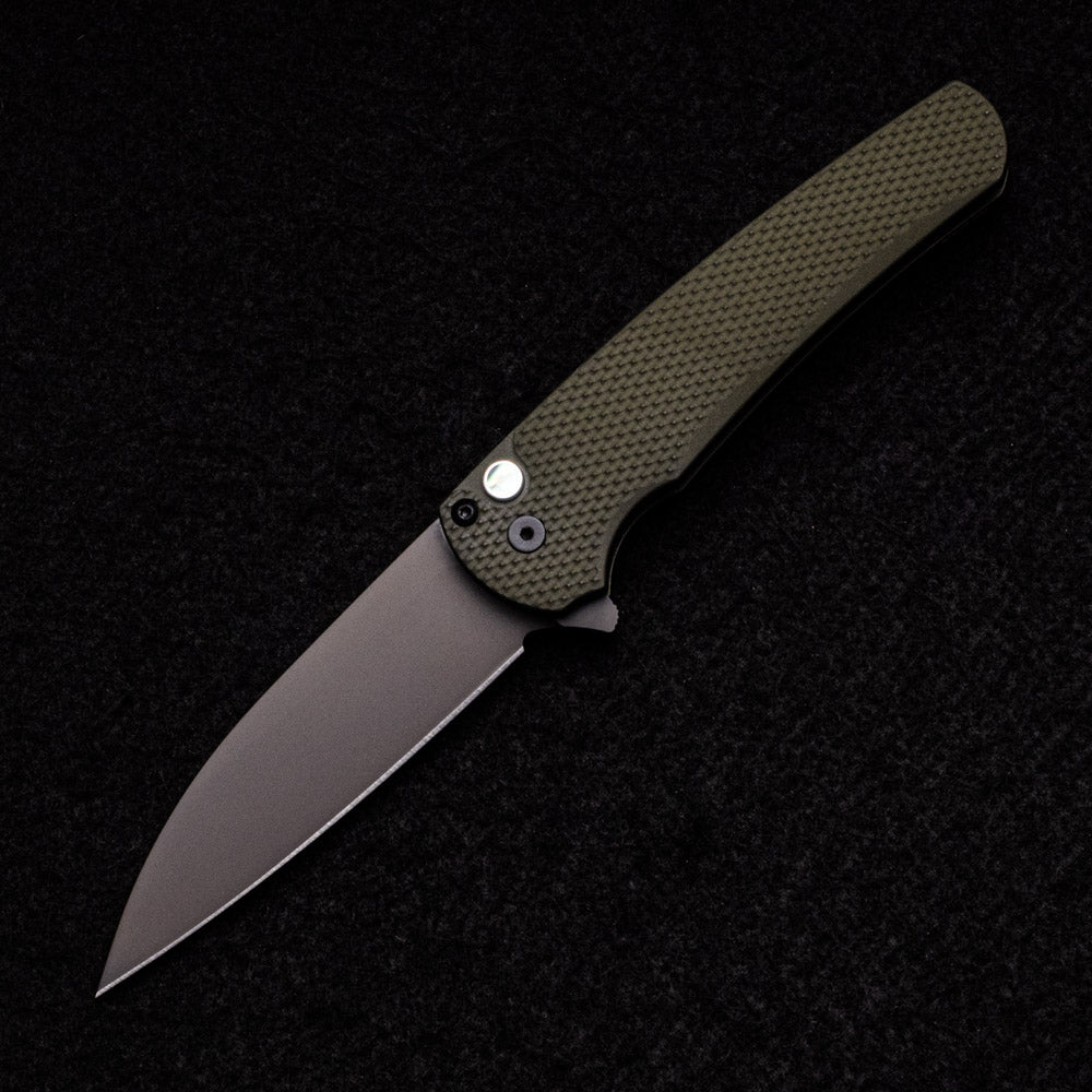 Pro-Tech Knives Malibu Flipper – 2023 Texas Blade Show – Textured Green Handle – DLC Black MagnaCut Wharncliffe Blade – Black Pearl Push Button #70 of 100