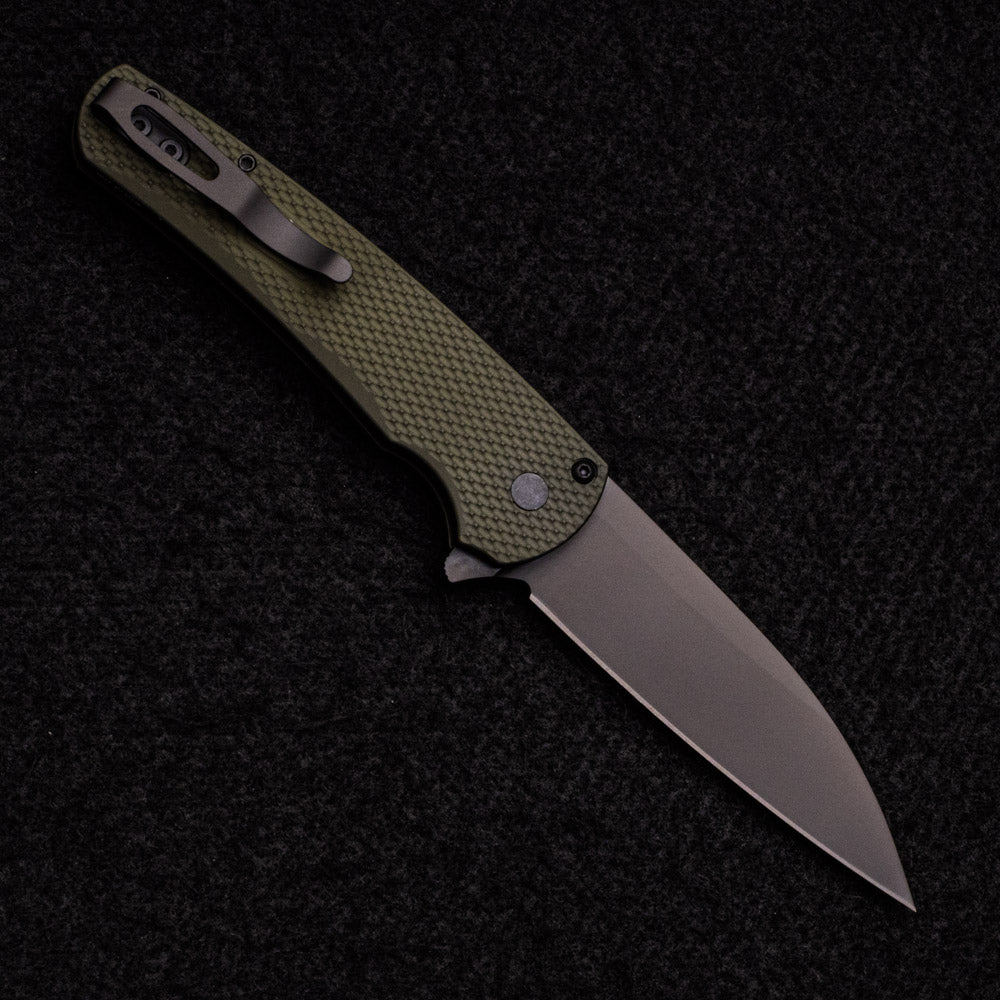 Pro-Tech Knives Malibu Flipper – 2023 Texas Blade Show – Textured Green Handle – DLC Black MagnaCut Wharncliffe Blade – Black Pearl Push Button #70 of 100