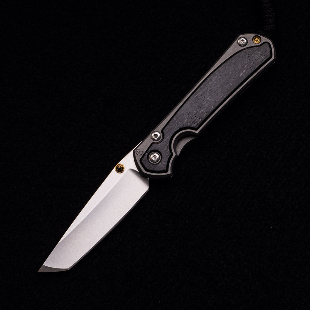 CHRIS REEVE SMALL SEBENZA 31 BOG OAK INLAY – CPM MAGNACUT TANTO BLADE – GOLD DOUBLE THUMB LUGS